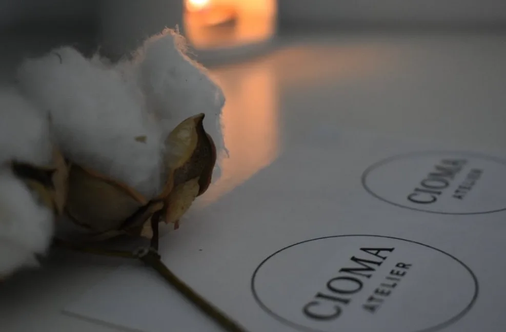 Flor de algodón junto a papelería de Cioma Atelier